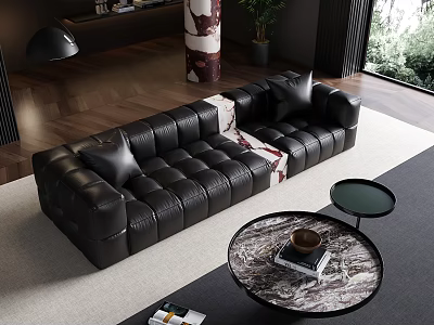 Black Leather Multi Seater Sofa With Tufted Design Cushions And Marble Coffee Table 3d model