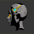 Futuristic Cyborg Character 3D Model Mechanical Head With Metallic Design And Yellow Blue Accents