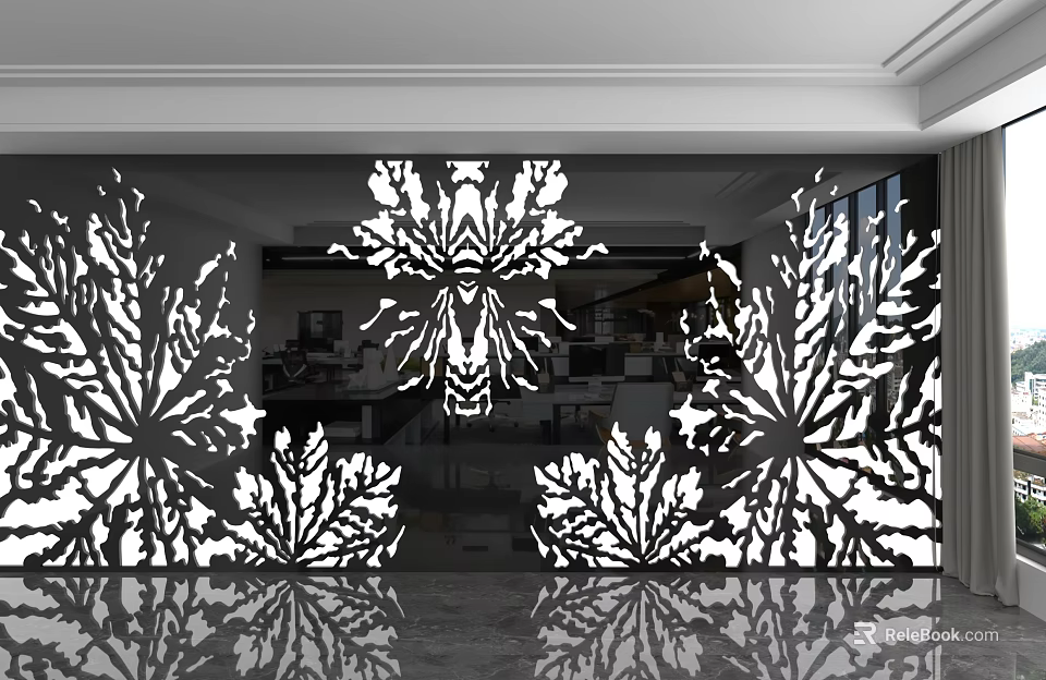Modern Background Wall With White Laser Cut Leaf Patterns In Contemporary Interior 3d model 