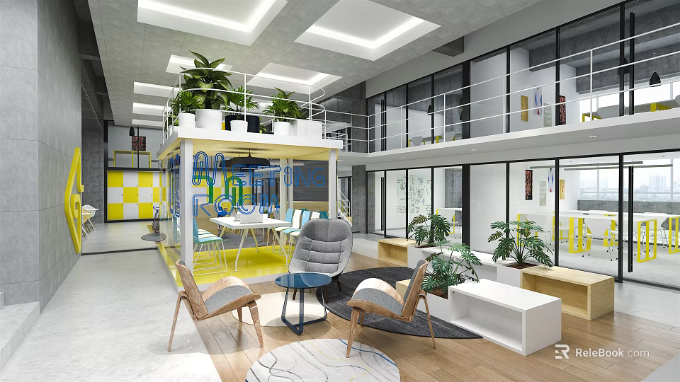 Modern Lounge Area Interior With Sofa Chairs Plants And Yellow Accents 3d model 