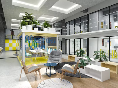 Modern Lounge Area Interior With Sofa Chairs Plants And Yellow Accents 3d model