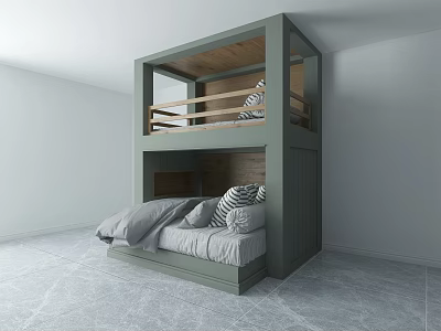Green Modern Bunk Bed With Lower Mattress Upper Railings And Pillows 3d model