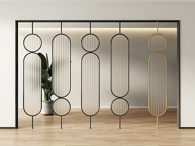 Modern Room Divider with Geometric Patterns Black and Gold Metal Frames Indoor Plant 3d model