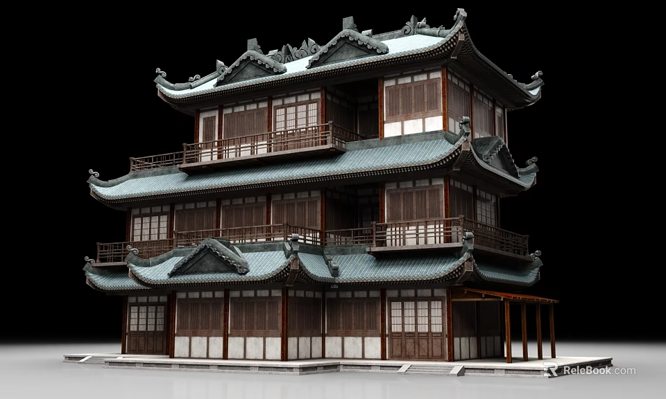 Ancient Chinese Architecture With Multi Storey Wooden Structure And Overhanging Eaves 3d model 