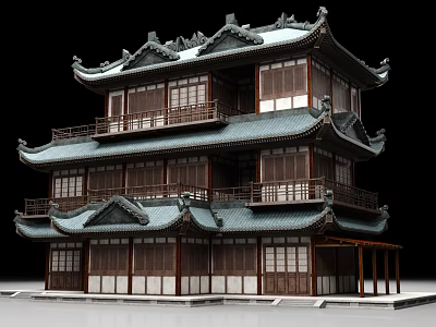 Ancient Chinese Architecture With Multi Storey Wooden Structure And Overhanging Eaves 3d model