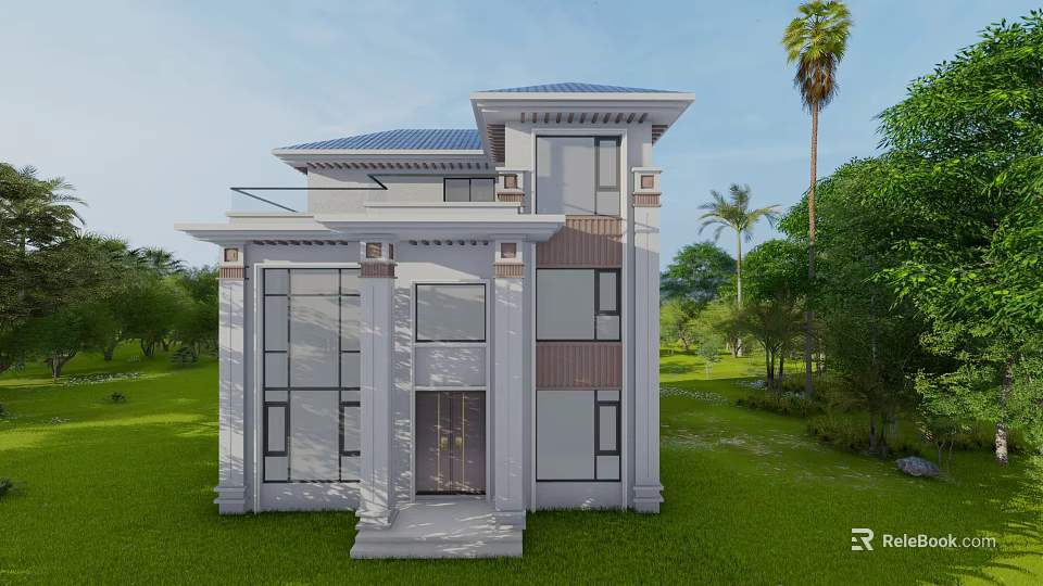 Modern Detached Villa Exterior With Green Lawn Palm Trees And Large Windows 3d model 