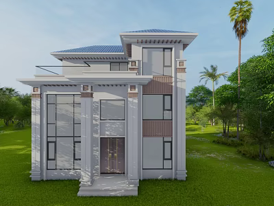 Modern Detached Villa Exterior With Green Lawn Palm Trees And Large Windows 3d model