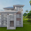 Modern Detached Villa Exterior With Green Lawn Palm Trees And Large Windows
