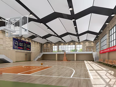 Spacious Basketball Gymnasium Featuring Wooden Floor Scoreboard Basketball Hoop Large Windows And Geometric Ceiling 3d model