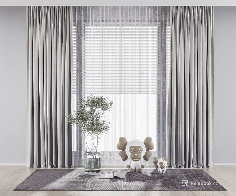 Gray Curtains with Roller Blinds in Cozy Interior with Potted Plant and Stuffed Toys 3d model 