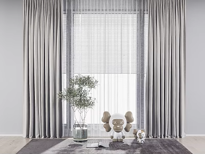 Gray Curtains with Roller Blinds in Cozy Interior with Potted Plant and Stuffed Toys 3d model