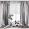 Gray Curtains with Roller Blinds in Cozy Interior with Potted Plant and Stuffed Toys