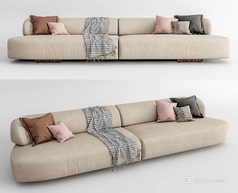 Beige Upholstered Sectional Sofa With Soft Throw Pillows Plaid Blanket And Modern Design 3d model 