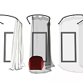Different Curtain Styles Featuring White Transparent and Textured Fabrics with Red Decorative Stool