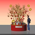 Floral Installation with Decorative Tree Red Lanterns and Gold Ornaments on Red Base