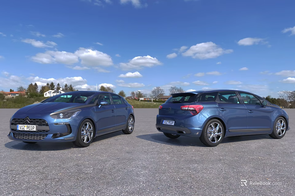 Blue Hatchback Cars Front And Rear View Parked In Open Area With Blue Sky 3d model 