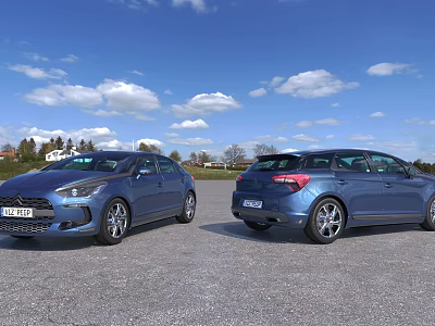 Blue Hatchback Cars Front And Rear View Parked In Open Area With Blue Sky 3d model
