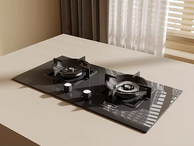 Black Glass Gas Stove On Light Colored Countertop With Curtains And Window Background 3d model