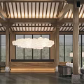 Traditional Chinese Hotel Lobby With Wooden Beams Lattice Windows Sofas And Coffee Table
