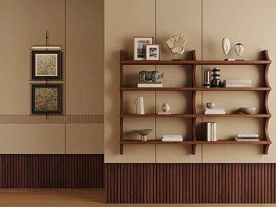 Beige Wall Interior Featuring Wooden Bookcase With Decor Books Sculptures And Vases 3d model