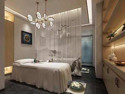 Serene SPA Sauna Room Interior With Massage Bed Chandelier And Decorative Plants 3d model