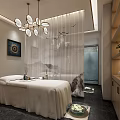 Serene SPA Sauna Room Interior With Massage Bed Chandelier And Decorative Plants