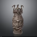 Ancient Bronze Head Sculpture With Intricate Facial Details And Avian Motifs
