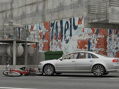 Silver Sedan Parked By Fallen Red Bicycle Near Graffiti Wall With Green Trash Bin 3d model