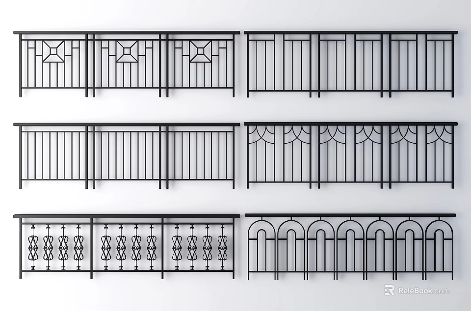 Black Metal Railings Featuring Various Ornate Patterns And Geometric Design Styles 3d model