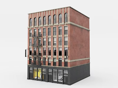 Historic Red Brick Building With Multiple Floors Arched Windows Fire Escape And Yellow Door 3d model