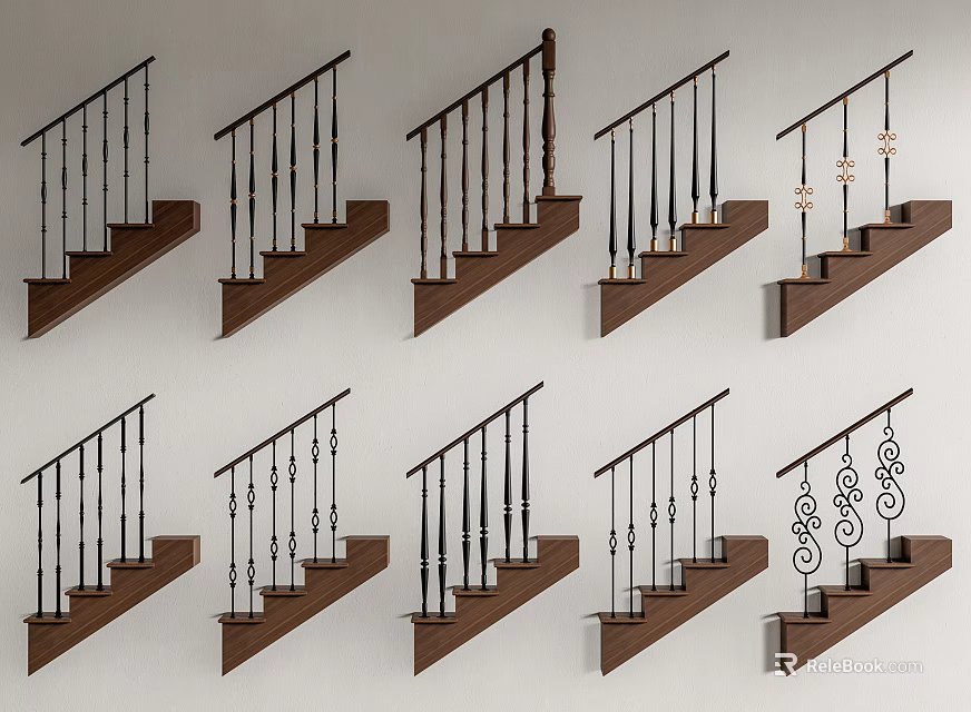 Various Interior Stairs Design Ideas With Wooden Steps And Decorative Metal Railings 3d model 