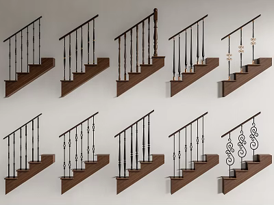 Various Interior Stairs Design Ideas With Wooden Steps And Decorative Metal Railings 3d model