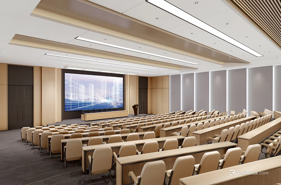 Modern Conference Room Interior With Large Screen Podium Rows Of Seats And Linear Lighting 3d model 