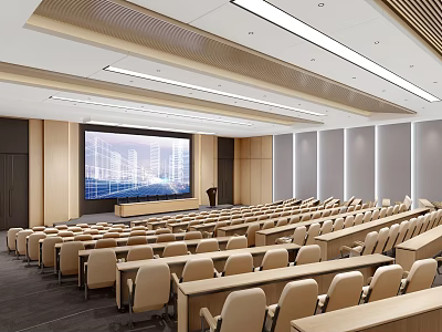 Modern Conference Room Interior With Large Screen Podium Rows Of Seats And Linear Lighting 3d model