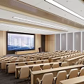 Modern Conference Room Interior With Large Screen Podium Rows Of Seats And Linear Lighting