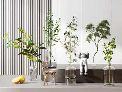 Stylish Vases With Green Plants And Decorative Figurines On Tabletop Against Gray Striped Wall 3d model