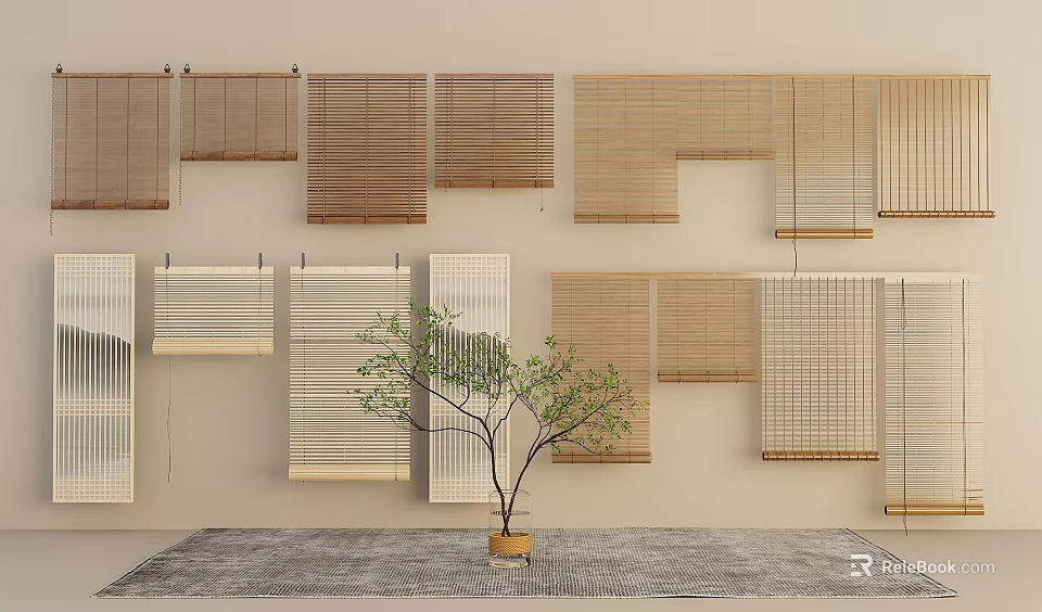 Various Styles Wooden Bamboo Blinds Hanging On Wall With Small Potted Plant And Rug 3d model 