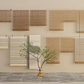 Various Styles Wooden Bamboo Blinds Hanging On Wall With Small Potted Plant And Rug
