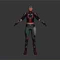 3D Virtual Character With Helmet Red Black Top Green Pants Gloves And Boots Standing Pose