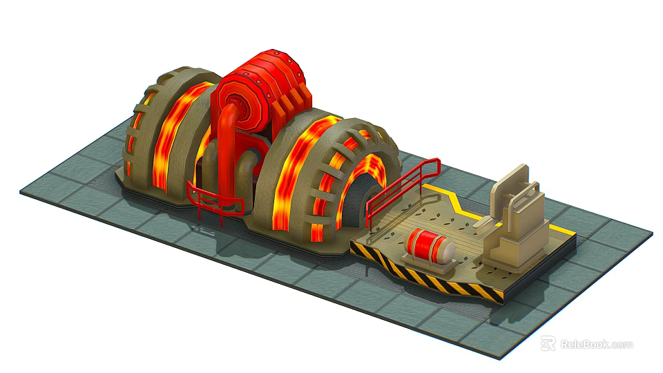 Industrial Heated Drum Furnace Equipment With Red Pipes Safety Railings And Control Panel 3d model 