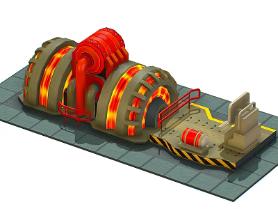 Industrial Heated Drum Furnace Equipment With Red Pipes Safety Railings And Control Panel 3d model