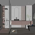 Modern Bathroom Interior Design With Glass Shower Round Mirror Gray Walls Vanity And Bathtub Plant