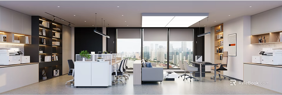 Modern Spacious Public Office Area With Panoramic City View And Comfortable Functional Workspace Design 3d model 
