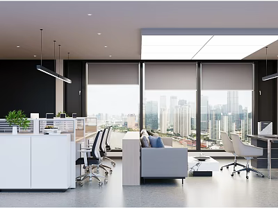 Modern Spacious Public Office Area With Panoramic City View And Comfortable Functional Workspace Design 3d model