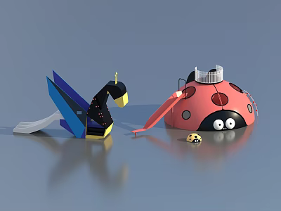Red Ladybug Shaped Playground Equipment With Blue Yellow Slide And Small Decor 3d model