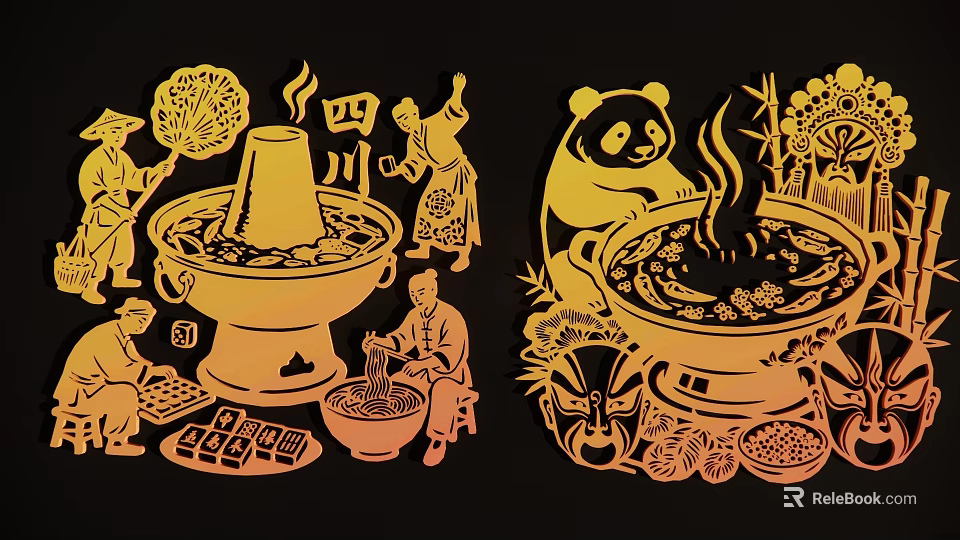Chinese Style Gold Paper cut Pendant With Sichuan Hotpot Panda and Food Elements 3d model 