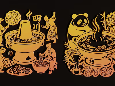 Chinese Style Gold Paper cut Pendant With Sichuan Hotpot Panda and Food Elements 3d model