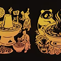 Chinese Style Gold Paper cut Pendant With Sichuan Hotpot Panda and Food Elements