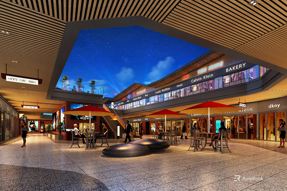 Commercial Street With Starry Sky Ceiling Shops Tables Chairs People Walking Red Umbrellas Staircase 3d model 