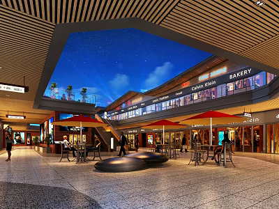 Commercial Street With Starry Sky Ceiling Shops Tables Chairs People Walking Red Umbrellas Staircase 3d model
